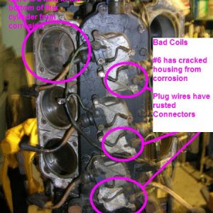 Exhibit #2 - 3 Bad Coils.  Plug Caps are rusted (i.e. NOT replaced a year ago as the ad states).  Also shows scoring from piston ring on cylinder wall