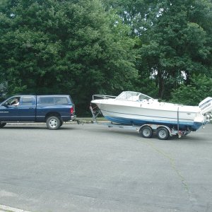 My father-in-law towing the v21. On her way to the launch! July 9, 2005.