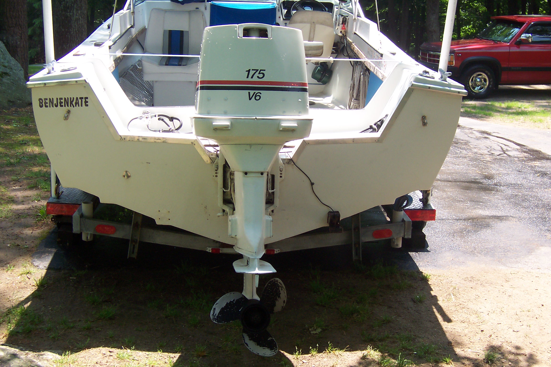 175 HP V6 Johnson Seahorse, this is by far the biggest motor I have ever owned. All my old boats had 20 HP and lower! LOL Cant wait to test this out.